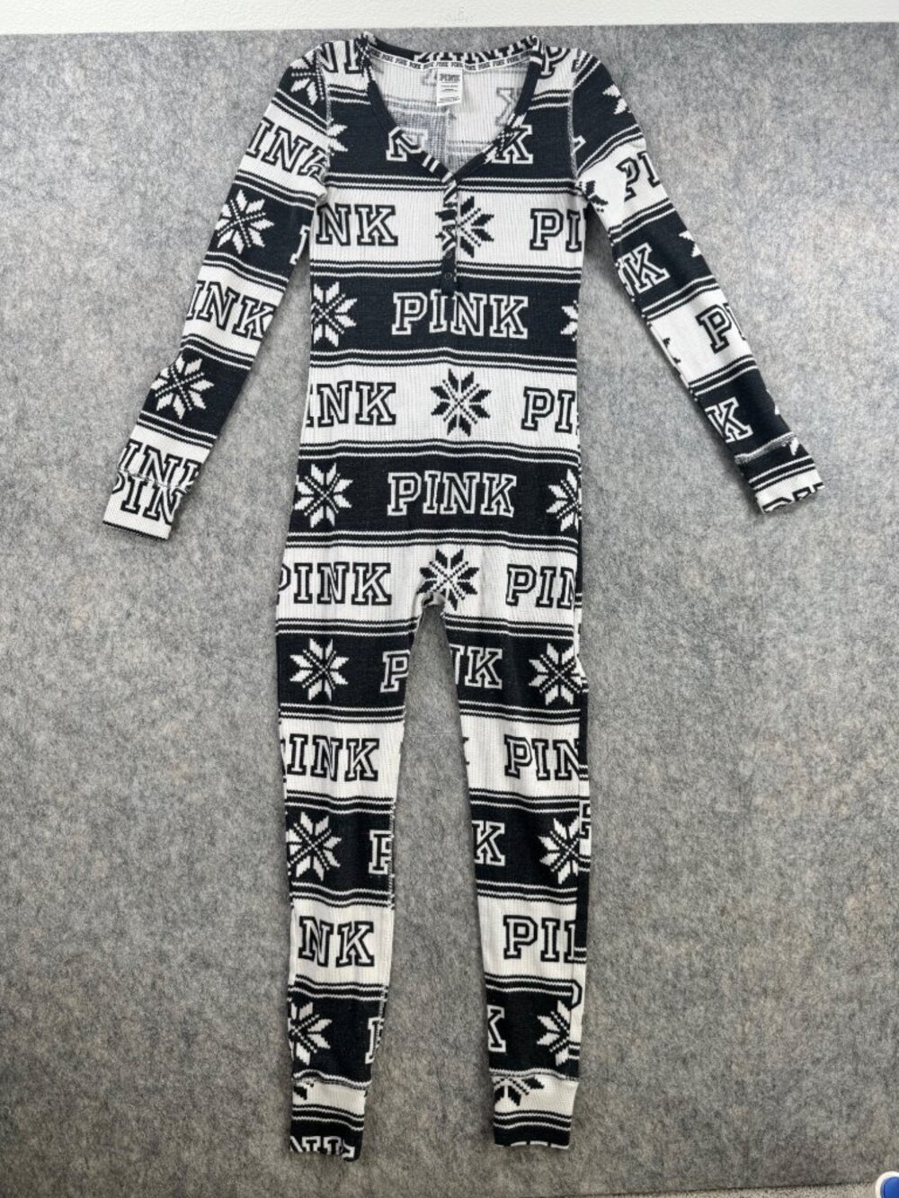 PINK Victorias Secret Pajama Jumpsuit Thermal Sz S One Piece Snowflake Stripe
